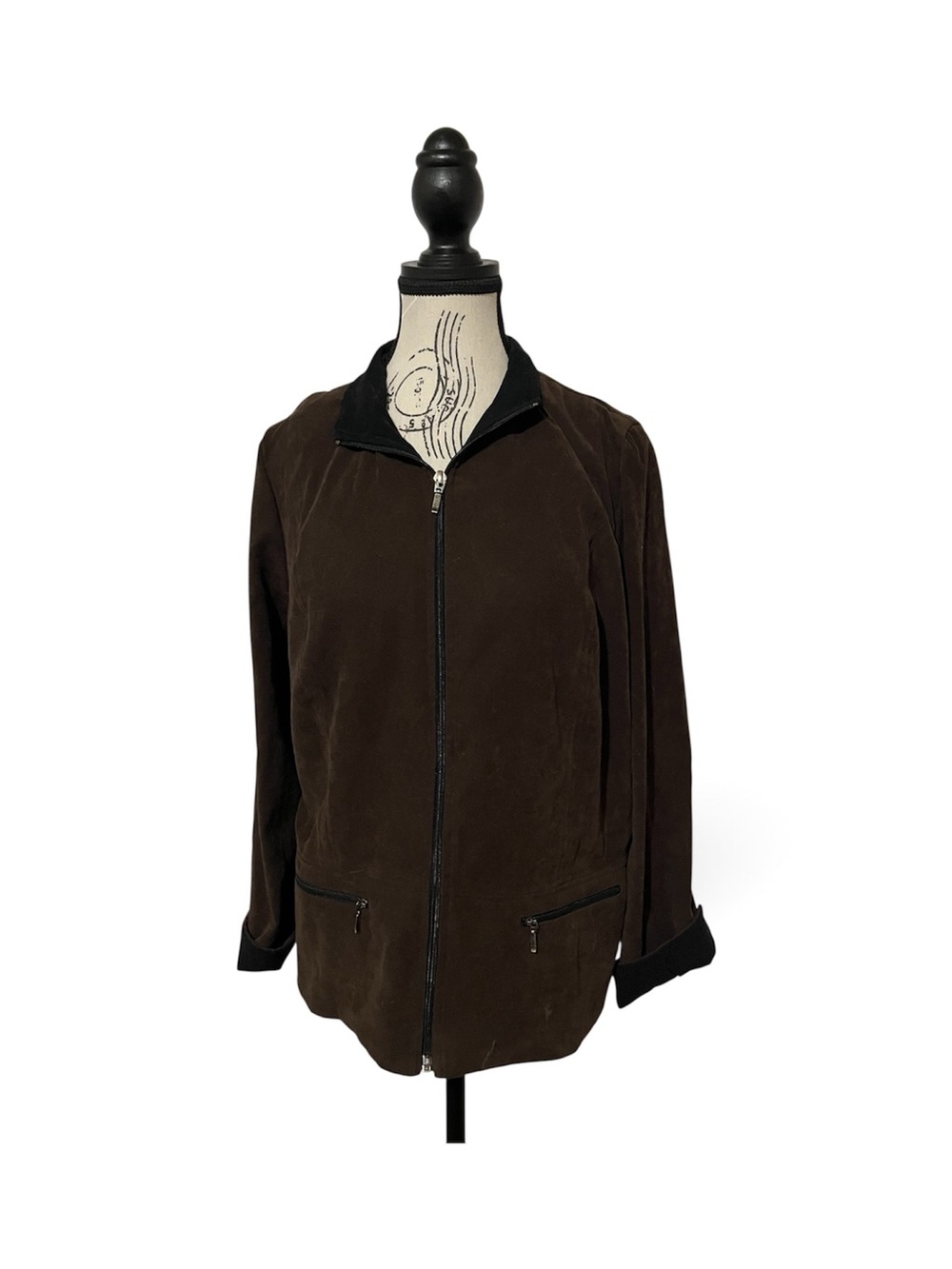 JM Collection Women's Brown Fall Jacket Faux Suede Full Zip Pockets Sz 12P